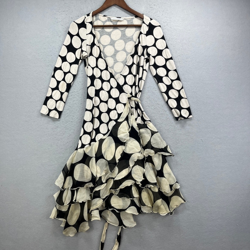 Diane von Furstenberg Wrap Dress Womens Small Black White Polka Dot Ruffle Silk